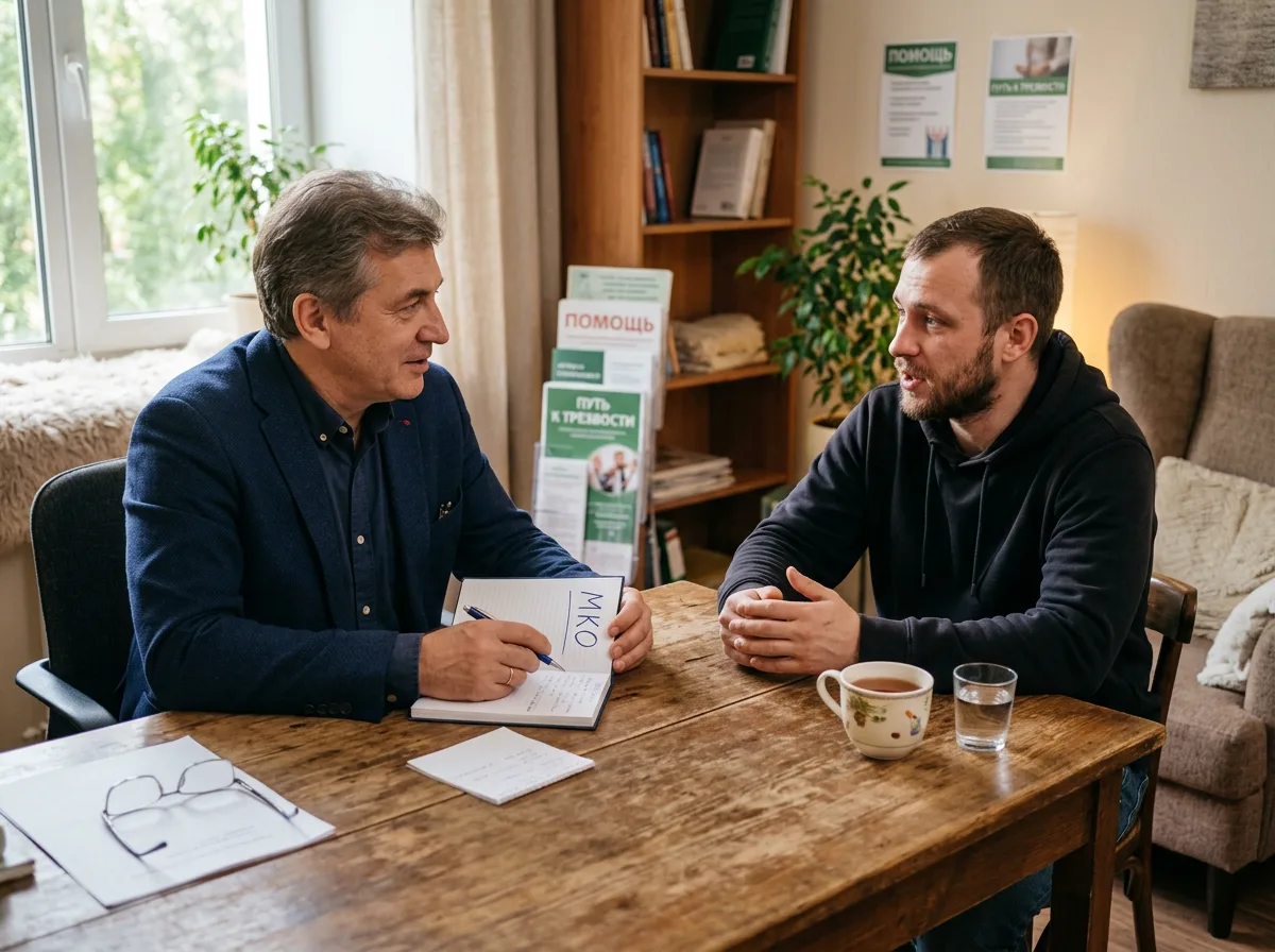 Психолог и пациент беседуют за столом, мотивационная консультация нарколога, доверительная атмосфера
